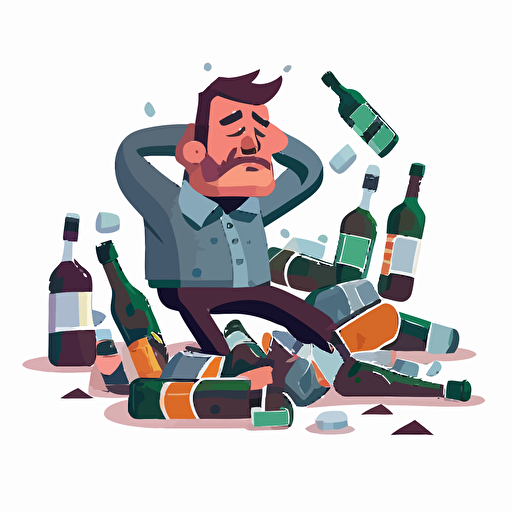 A middle-aged man, with a large pile of liquor bottles scattered around him, the bottles leaning and toppling over, the man is drunk and stumbling, with a confused and unclear mind, white background,Flat Illustration Style,cartoon,Vector