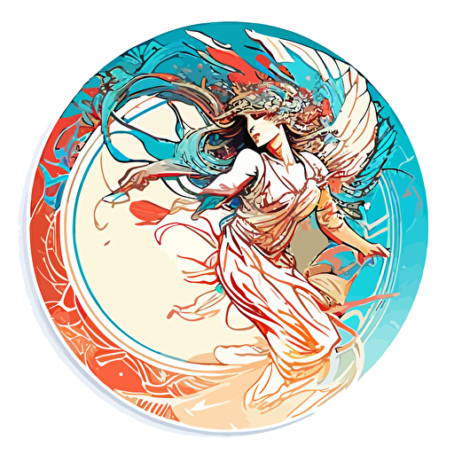 vector 2d creative design style with great detail and incredible artistic perception artifact Alphonse Mucha circle with a white background, edge frame has amazing design detail with blue white red vivid contrast flying disc frisbee ethereal