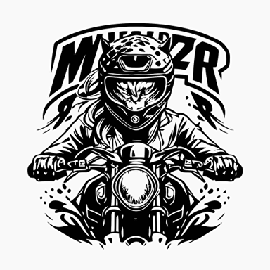 A logo for a moto club team. The panter holds a handlebars made for MX in her claws, sits on a motocross. Vector plot. Black and white. Black stroke on white background. 2D