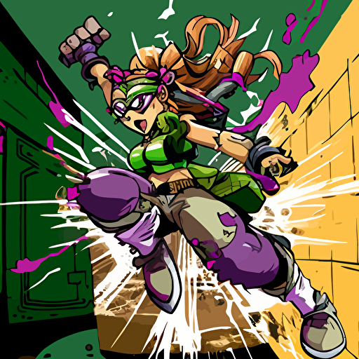 Leo from Ninja Turtles jumping in the air with graffiti on the wall behind her, vector art, deviantart contest winner, official art, apocalypse art