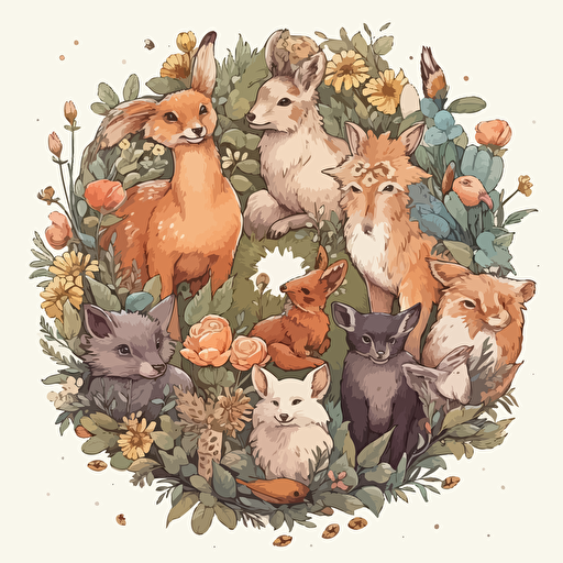 a beautiful group of fairycore woodland animals with a surrounding floral design in detailed drawing style + simple vector + bright colors on a white background