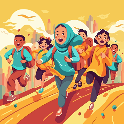 Vector illustration of schoolchildren and students running to study and education for a poster. The style is colourful, fluid and contempory, Modern flat vector concept illustrations. Must have the text BAHASA MELAYU as the book title.