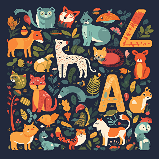 A Flat Vector Illustration of colorful alphabet clip art with animals, for educational purposes.::
