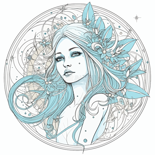 a beautiful ethereal celestial fairy with a surrounding star design in detailed drawing style + simple vector + bright colors on a white background