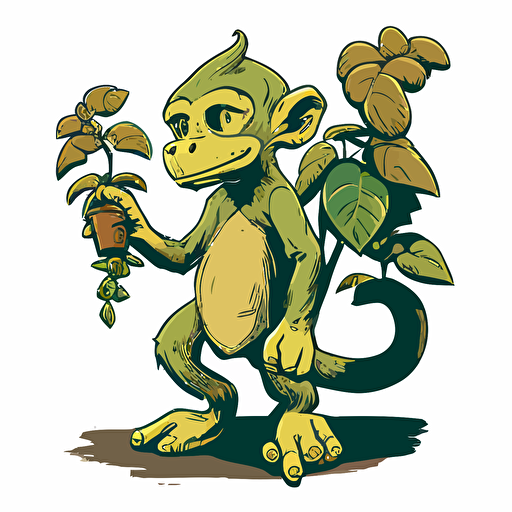 an anthropomorphic banana who is eating a monkey-plant hybrid, vector art ,
