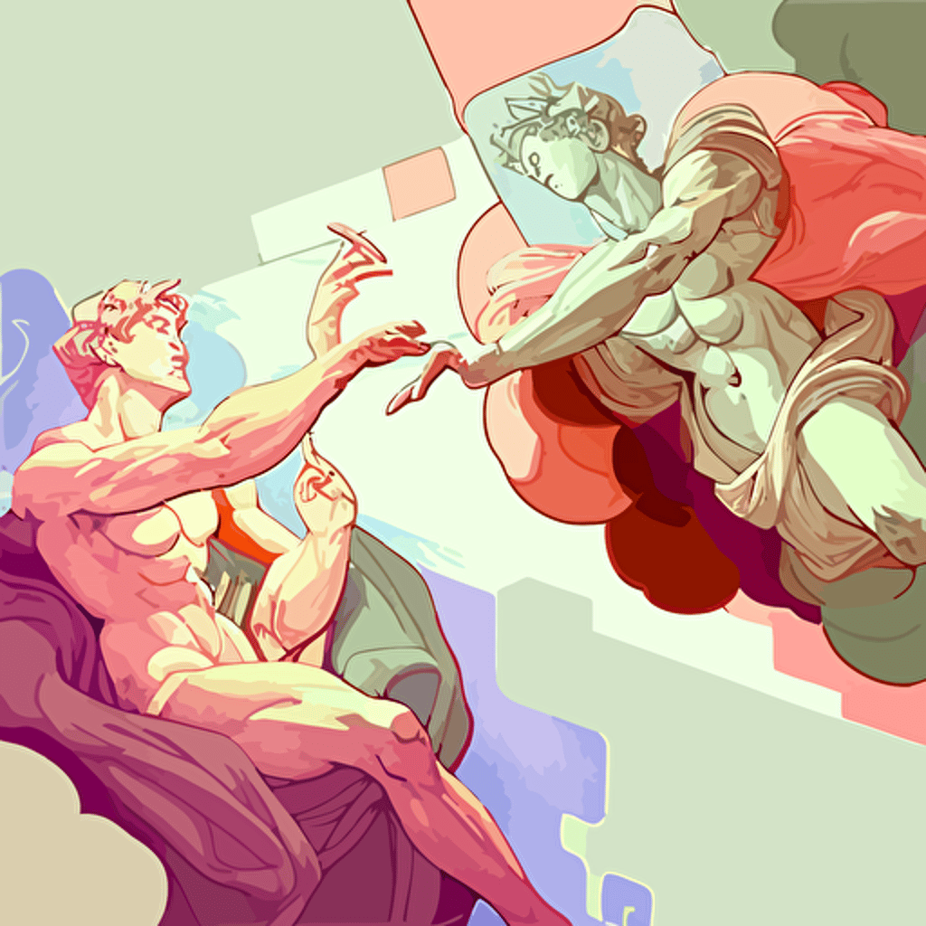 "The Creation of Adam" painting from Michelangelo, but in evangelion anime, style, pastel colors, vector, wide view