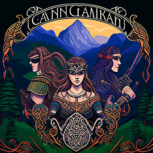 fantasy game cover, detailed, vector art, style of art nouveau, 4 charaters, hints of celtic designs, hints of viking designs, on a background of mountains, and forests