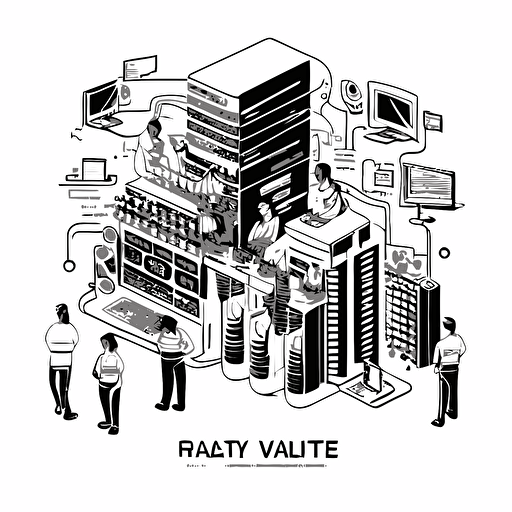 a vector sketch draw of a complex IT Architecture with PCs and Servers and multicultural employees, white background