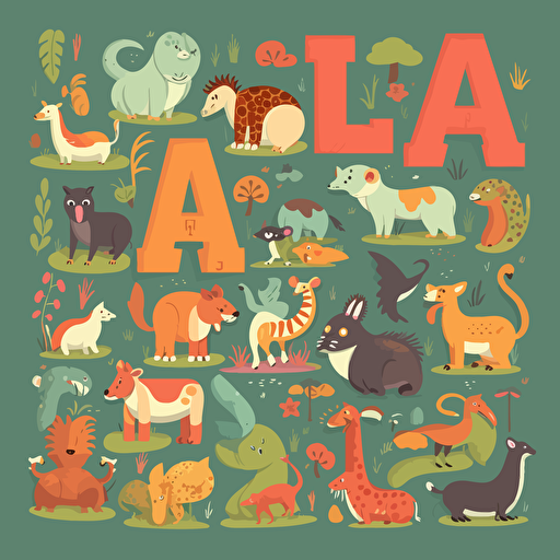 A Flat Vector Illustration of colorful alphabet clip art with animals, for educational purposes.::
