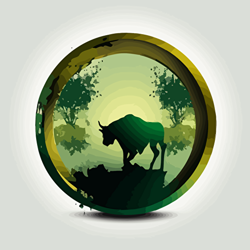 Green 2 circle, coin inspired with golden wall street Bull silhouette inside, vector.