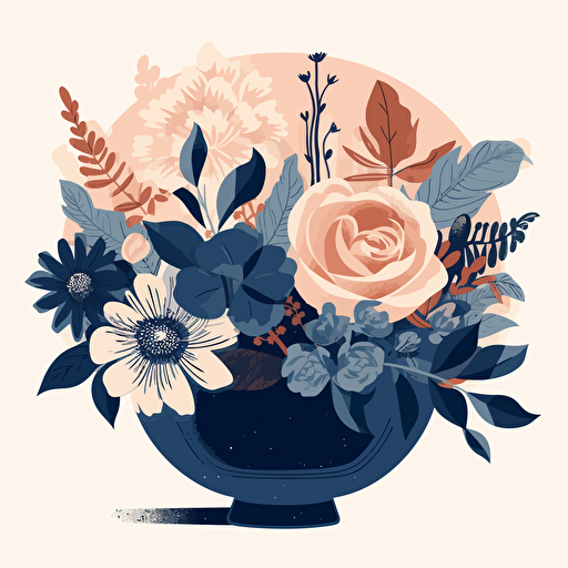 3 flat colors vector illustration of blush and indigo flower arrangment