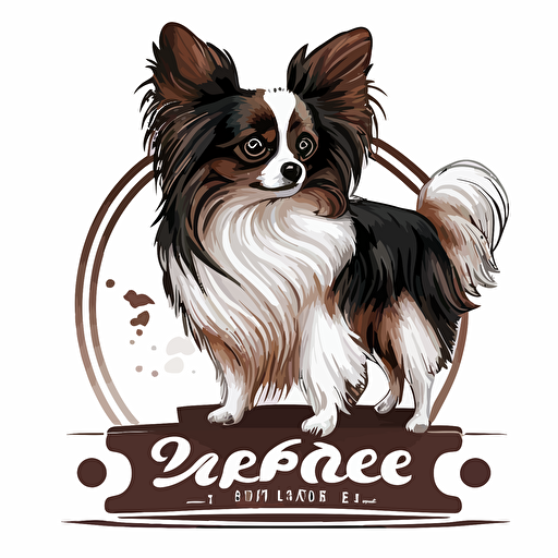 a sable and white papillon dog standing next to a cup of coffee, vector art logo design, cartoonistic style, white background
