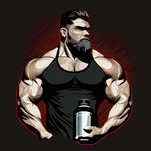 bodybuilder's upper body, beard, confident look, vector image, bottle design