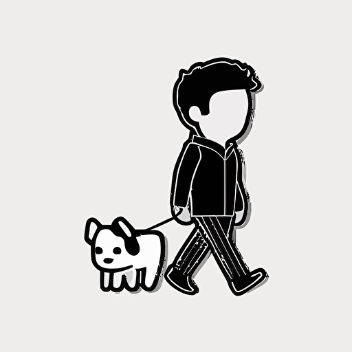 A logo of a person walking a dog in a vector and chibi style, simple with only black and white colors and no background
