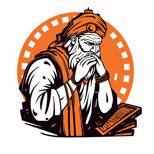 A ancient Indian Philosopher thinking pose, watching a computer connected to an AI machine, futuristic, ronded vector logo, white background, use only 2 colors