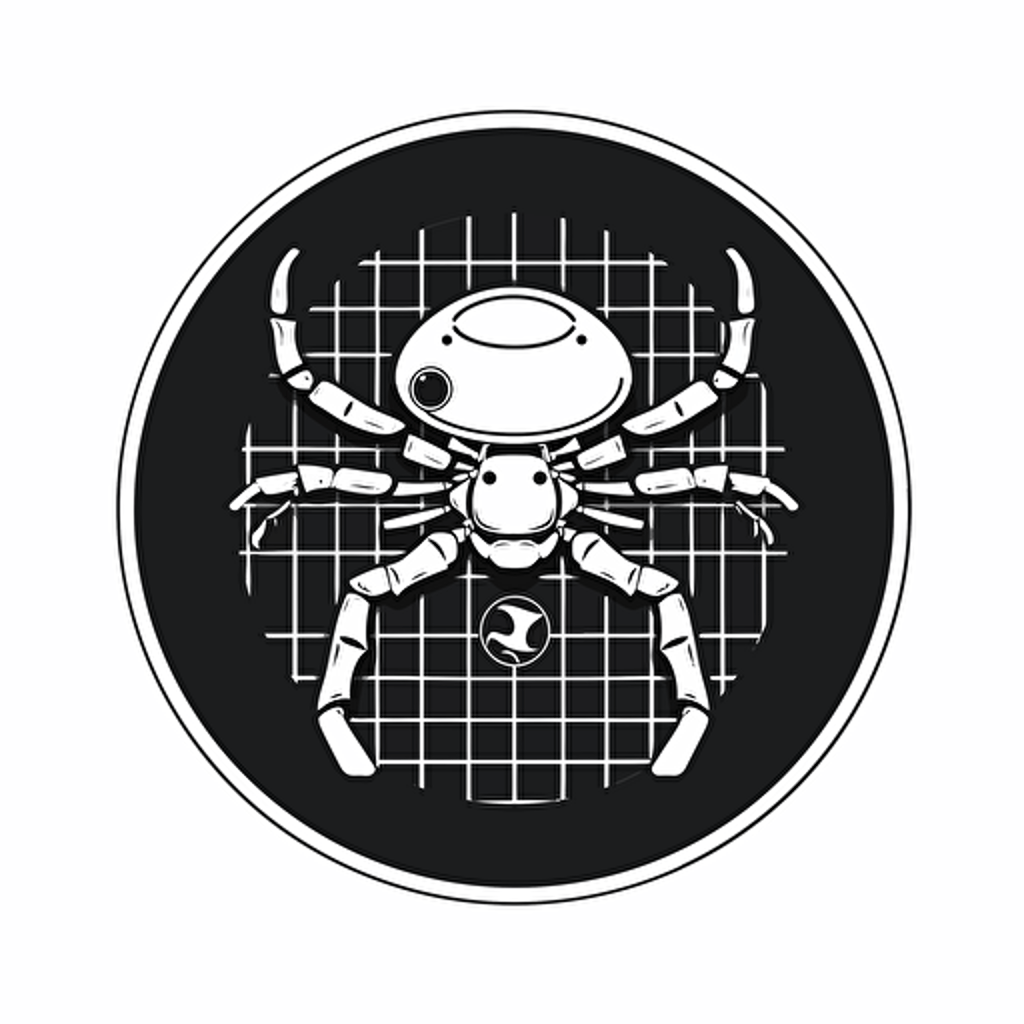 a minimalistic 2d logo image for an AI company of an araneus spider crawling on a tennis racket, black and white, vector, dynamic, cyberpunk, award-winning