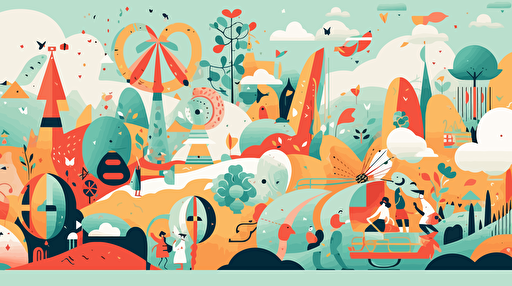 community carnival inspired by joan miro's abstract shapes and biomorphic forms. Vector illustration filled with imaginative carnival rides, with children and families having fun on a bright summer day