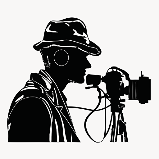 silhouetted outline of male filmmaker, line drawing, simple, white background, vector style