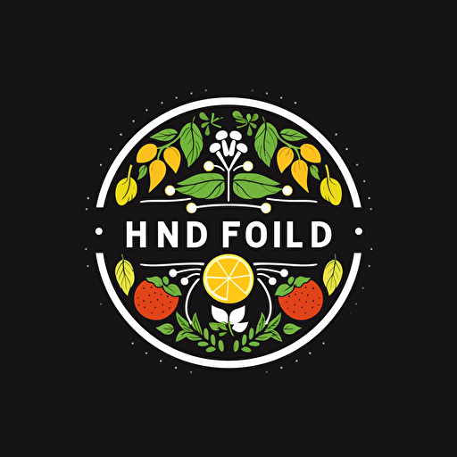Retro iconic logo of mind full of healthy food, white vector, on black backgroung
