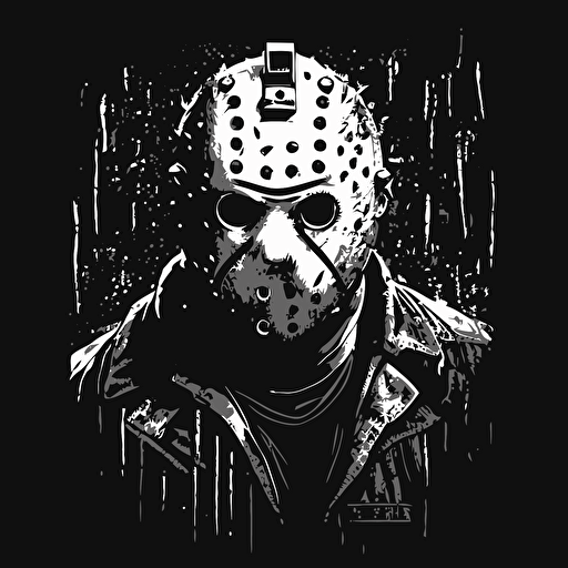 16bit jason Friday the 13th, white on black background, no shading, 2D, vector