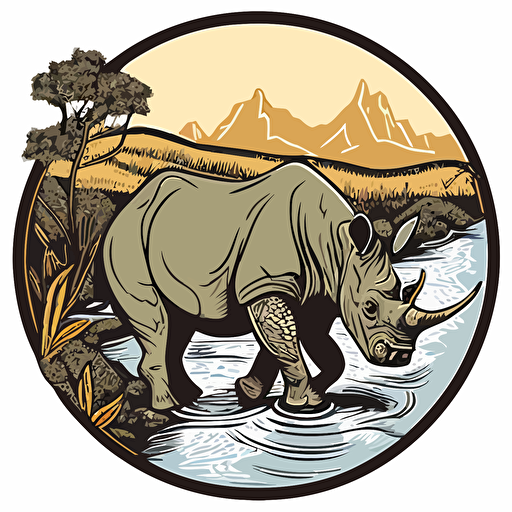 a circular patch of a rhino crossing a river. color vector format