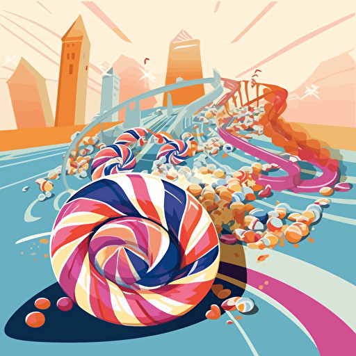 decroative abstract bow wrapped around a candy factory, various candy on the ground, vector art,