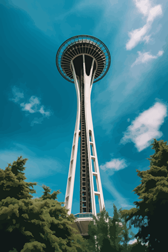 vector art, seattle, space needle, from below, clouds