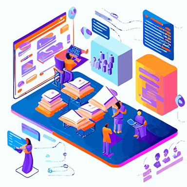 vector isometric illustration, bright gradient palette blue deep purple and gold, Annotation is a time-consuming effort, and most platforms only keep the final outputs (polygons, class labels, etc.) our software reclaims this time spent annotating by treating user interactions as explanations for future AI training. Humans learn by seeing the whole process, not just the final product. Why not start teaching algorithms the same way? The software should identify where the user's attention is focused on a given image and generate corresponding statistics.