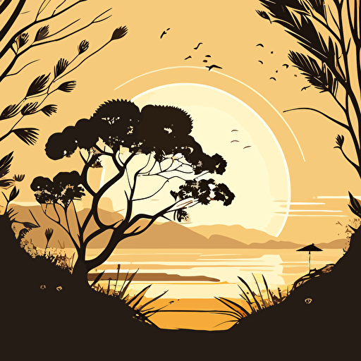 vector image with 3 color monotone golden hour, nature, trees, beach, calm and peaceful, faded edge