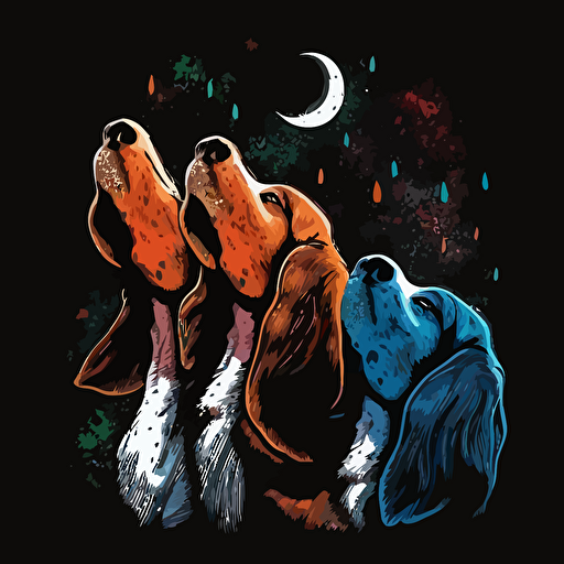 3 Basset Hound howling at the moon, mouth is open, colorful, vector, black background
