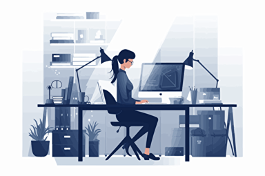 person working in office, flat style illustration for business ideas, flat design vector, industrial, light and magical, high resolution, entrepreneur, colored cartoon style, light indigo and dark indigo, cad( computer aided design) , Lois van baarle, white background