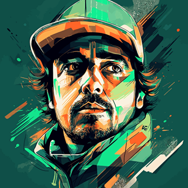 Design a vector illustration of Fernando Alonso, the F1 driver, sporting a green cap on a transparent background. Explore a modern, abstract style that showcases the essence of his personality and racing spirit.