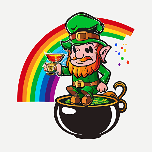 leprechaun at end of rainbow with pot full og bling, vector logo, vector art, emblem, simple cartoon, 2d, no text, white background