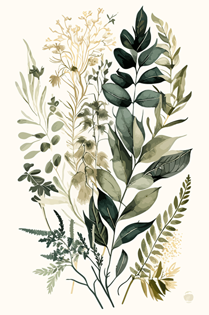 beige and forest green watercolour botanical illustration, vector