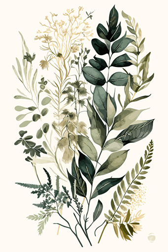 beige and forest green watercolour botanical illustration, vector