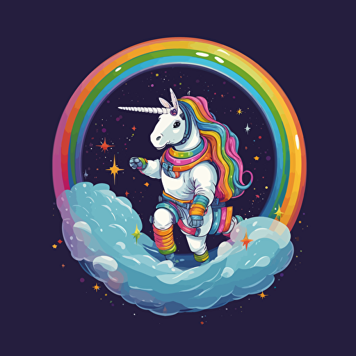 anthropomorphic unicorn dressed as an astronaut suit riding a rainbow wave travelling through outer space, vector style. design in circle. transparent background