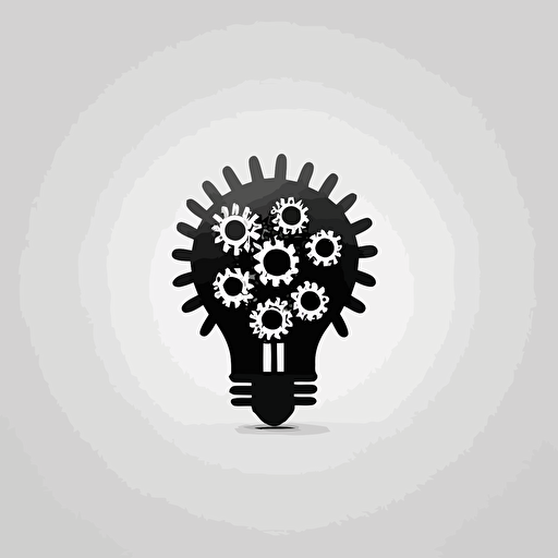 Modern, minimalist iconic logo of a lightbulb with gear or cogs, black vector, on white background