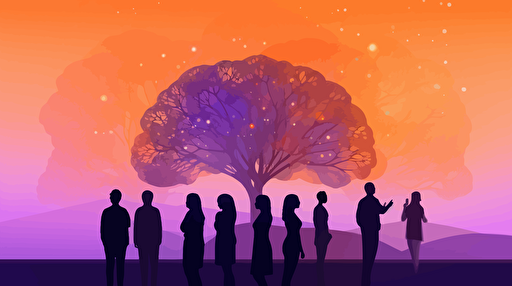 A Facebook cover featuring a purple-orange gradient sky, silhouettes of people holding hands encircling an AI brain, symbolizing the harmony between social networks and artificial intelligence, Illustration, vector art,