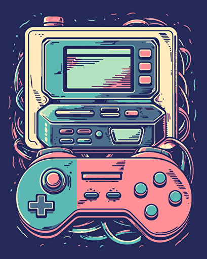1990s gaming console motif, retro aesthetics, vector image, sticker, pantone color scheme
