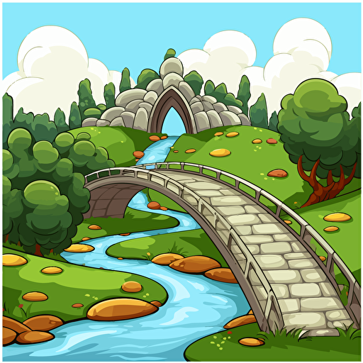 draw vector cartoon style a footpath with a bridge with 3 high arches over a deep valley with no background and details