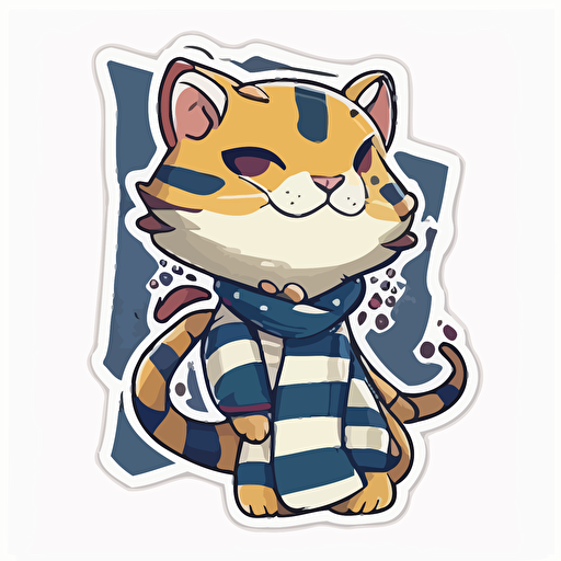 sticker, Happy Colorful Mountain Lion wearing a navy blue and white striped scarf,, kawaii, contour, vector, white background