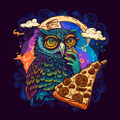 1970s trippy vector illustration of an owl smoking a joint for 420 with pizza and weed pattern background