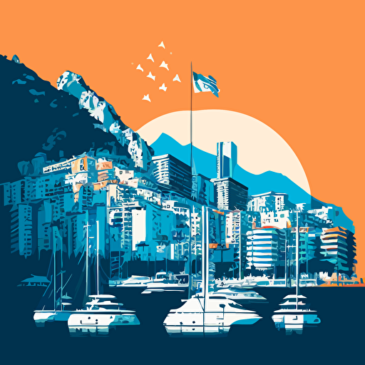Simple vector drawing of the Monaco skyline, uncluttered, using only blue and orange colours. There are yachts in the harbour and several tall skyscrapers. There is a hill in the background and a blue sky.