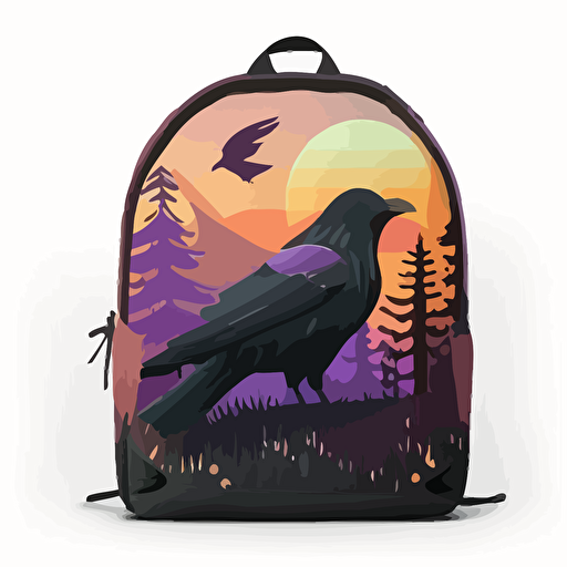 a raven on forest trail. Backpack, forest, mountain line, sunset. Cute, happy, vector, game design.