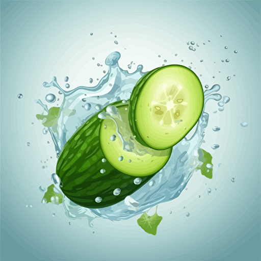 strong and healty cucumber, falling in water, splash around, illustration, vector, big cucumber with big smyle, use green magenta blue color, high details