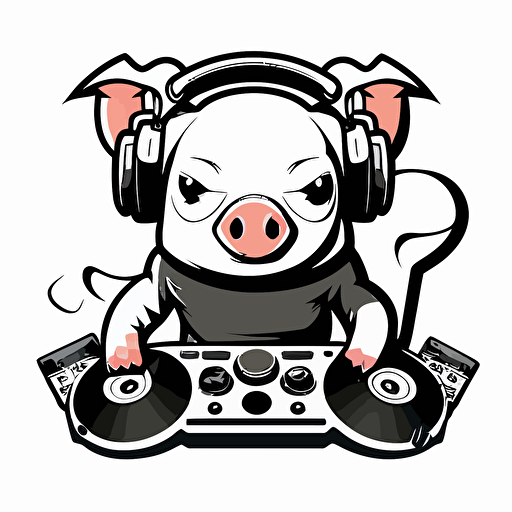 mascot logo of a dj pig with earphones, esports style, black and white, 2D vector logo, flat, white background,