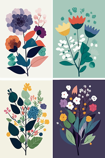flat design, 2d, different flowers collage, 4 rows, white background, no shadows, vector