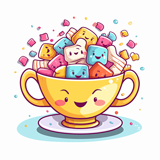 professional design vector, Happy cute colorful candy in a teacup, joy, vibrant colors, kawaii, contour, white background, smiling, happy, smile, joyful