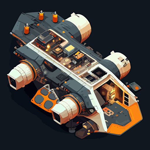 mining space ship, vector, top down, isometric, orange and grey, black background