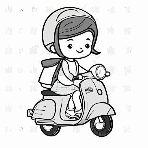 2d outline simple vector silhouette, white background , a smiling little girl is riding a vespa, she has got backpack and helmet, cartoon style